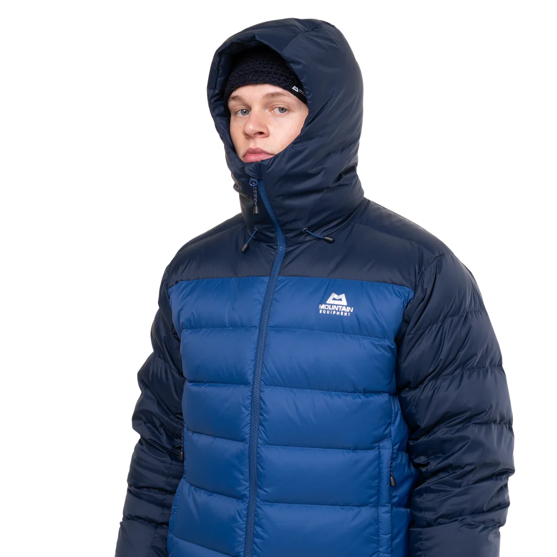 Mountain Equipment Senja Men's Down Jacket in Admiral/Cosmos - Front Angle Close-Up of Hood and Zip on Model