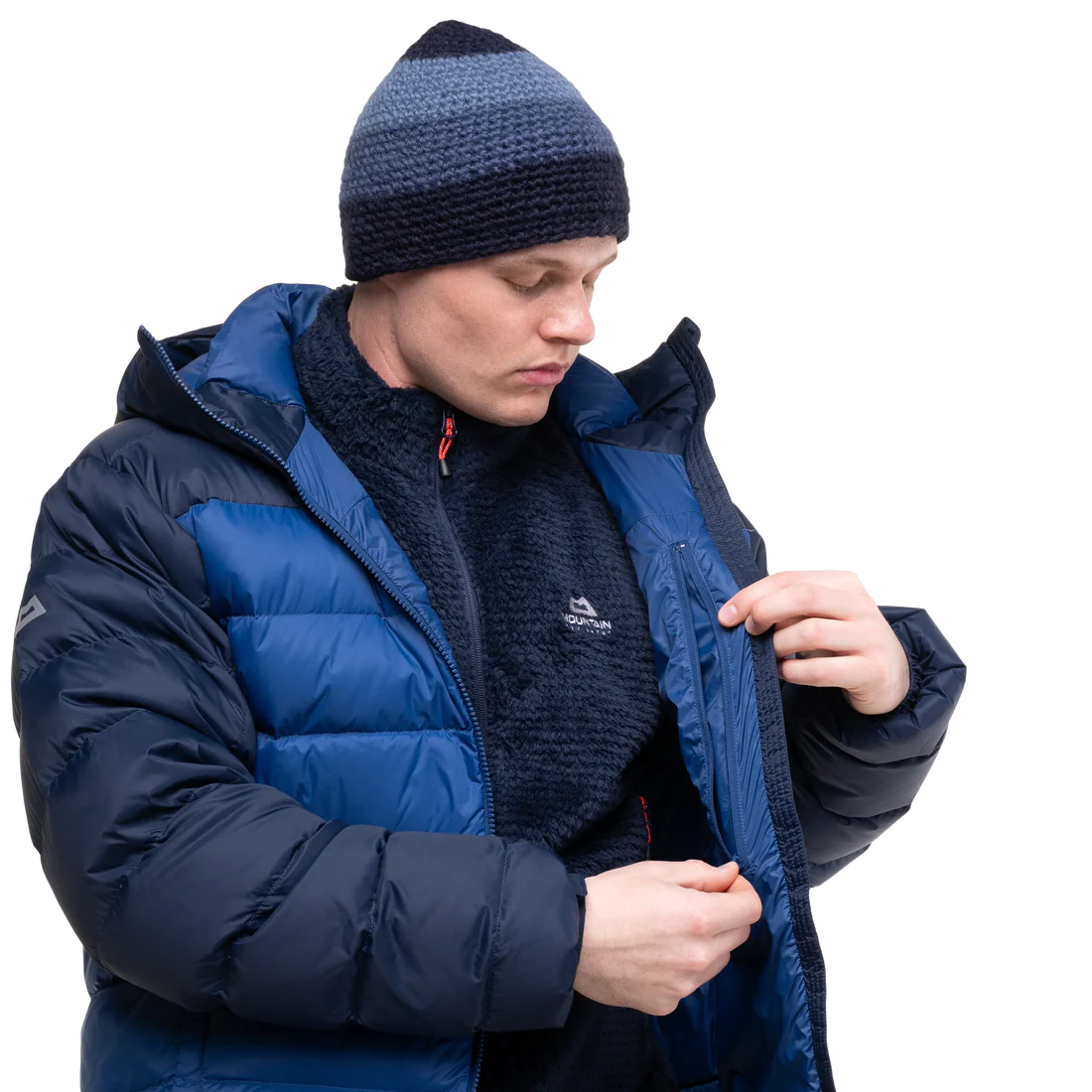 Mountain Equipment Senja Men's Down Jacket in Admiral/Cosmos - Internal Lining and Fabric Detail on Model