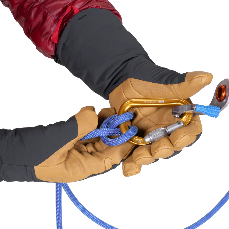 Mountain Equipment Serac Gauntlet in Black/Tan - Carabiner Action