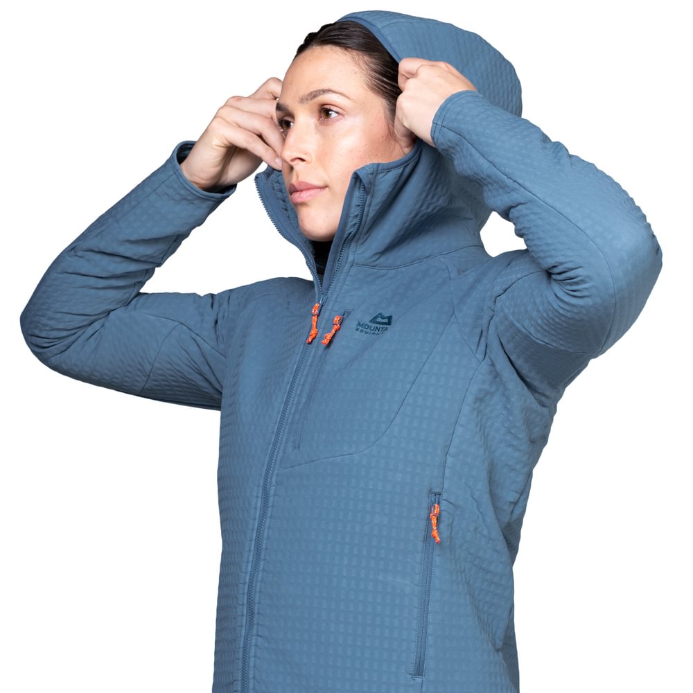 Mountain Equipment Shroud Hooded Women's Jacket in Stellar Blue - Hood Adjustor