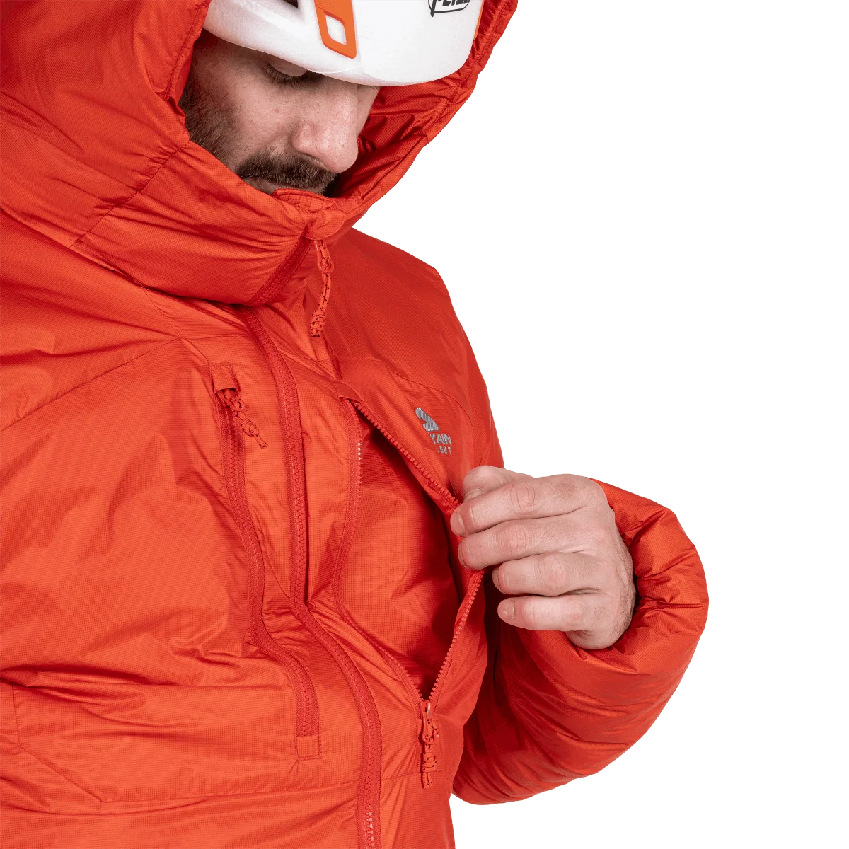 Mountain Equipment Super Oreus Men's Jacket in Magma - Collar detail, worn