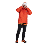 Mountain Equipment Super Oreus Men's Jacket in Magma - Hood adjustment detail, worn