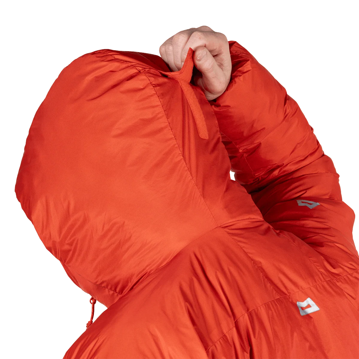 Mountain Equipment Super Oreus Men's Jacket in Magma - Hood detail, worn