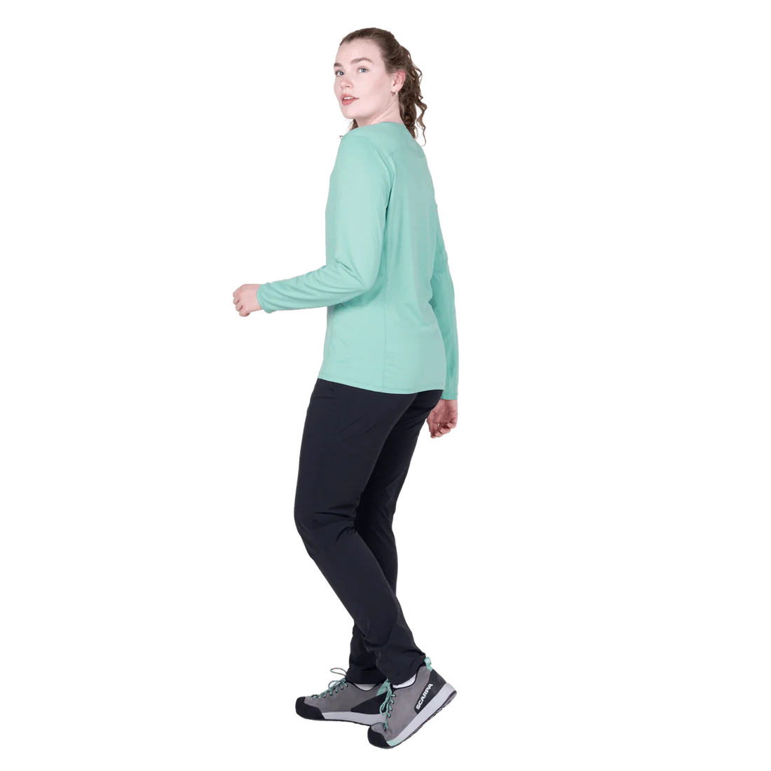 Mountain Equipment Tempi Women's LS Tee in Aqua - Side walking