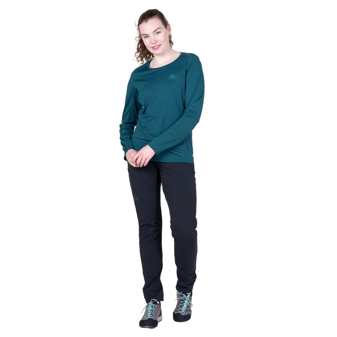 Mountain Equipment Tempi Women's LS Tee in Majolica Blue - Front walking