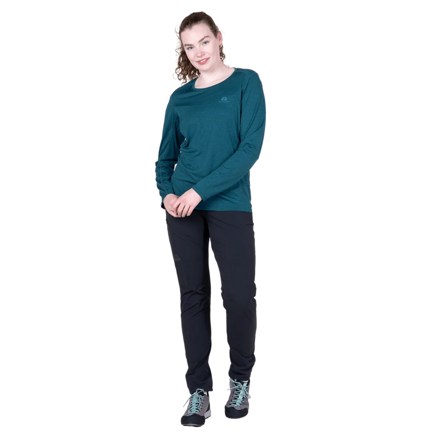 Mountain Equipment Tempi Women's LS Tee in Majolica Blue - Front walking