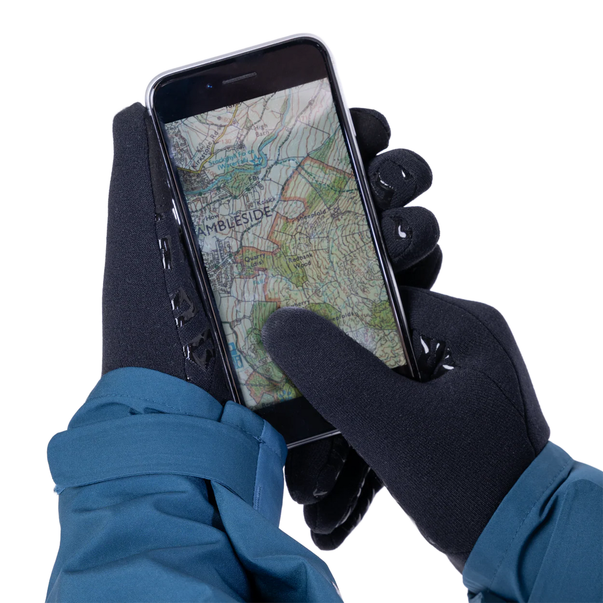 Mountain Equipment Touch Screen Grip Women's Gloves in Black - Touch Screen Compatible Finger in Use