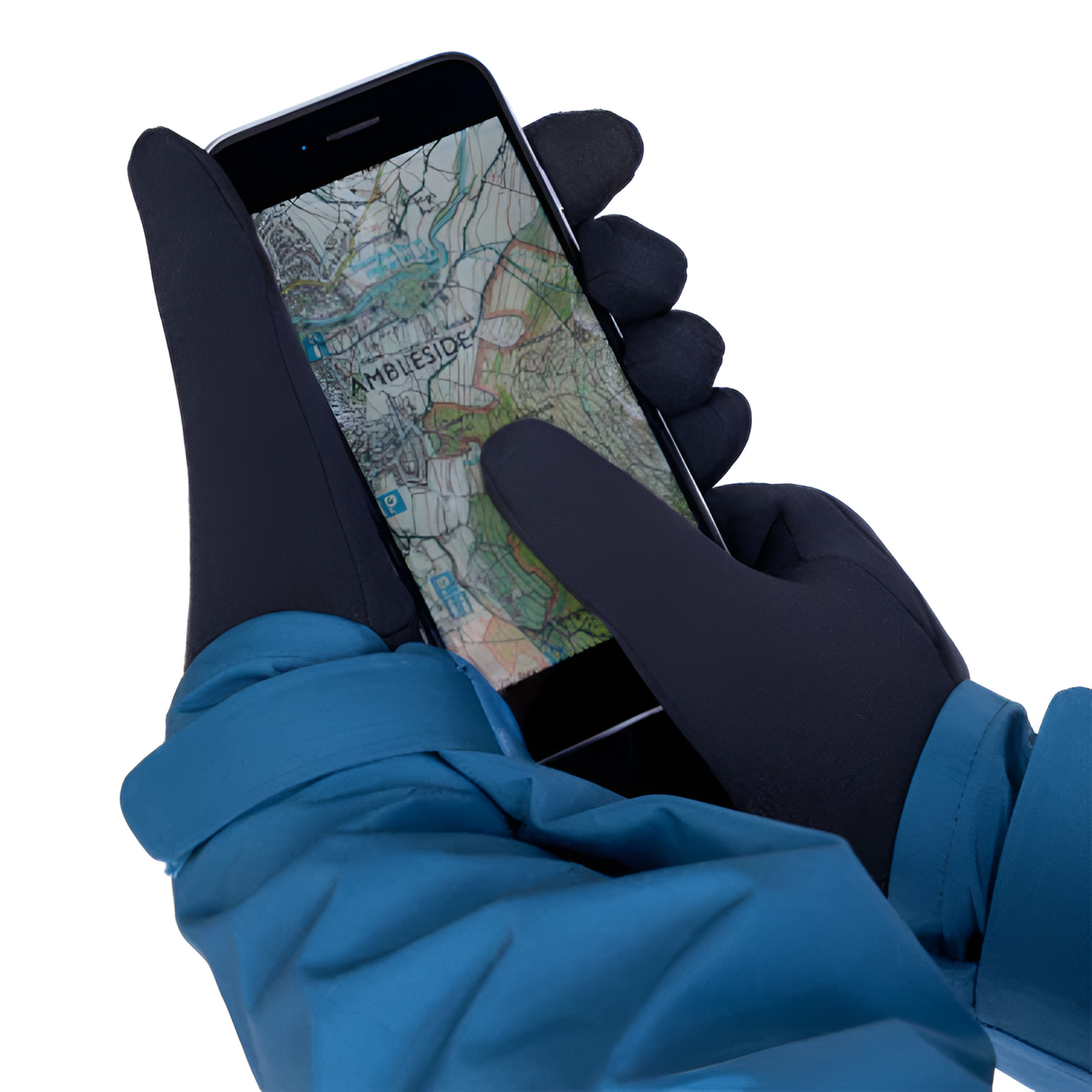 Mountain Equipment Touch Screen Women's Gloves in Black - Touch Screen Compatible Finger in Use