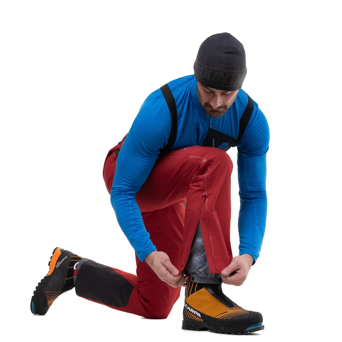 Mountain Equipment Tupilak Men's GORE-TEX Pant in Crimson - Kneeling Model