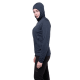 Mountain Equipment Apiro Hooded Women's Jacket Outdoor Action Cosmos- Side Fit on Model