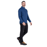 A man modeling a blue quarter-zip fleece jacket, black pants, and hiking boots against a plain white background.Outdoor Action