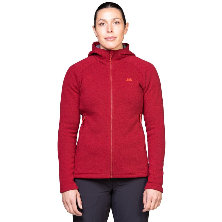 Mountain Equipment Braldu Hooded Women's Jacket Outdoor Action Merlot- Front Fit on Model
