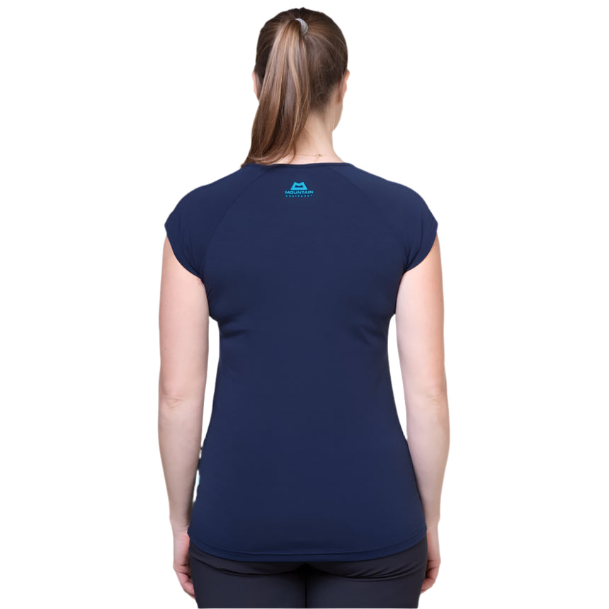 Mountain Equipment Equinox Women's Tee Outdoor Action Cosmos- Back Fit on Model
