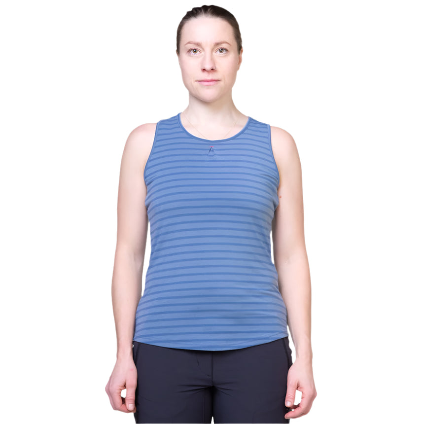 Mountain Equipment Equinox Women's Vest Outdoor Action Bluefin Stripe- Front Fit 