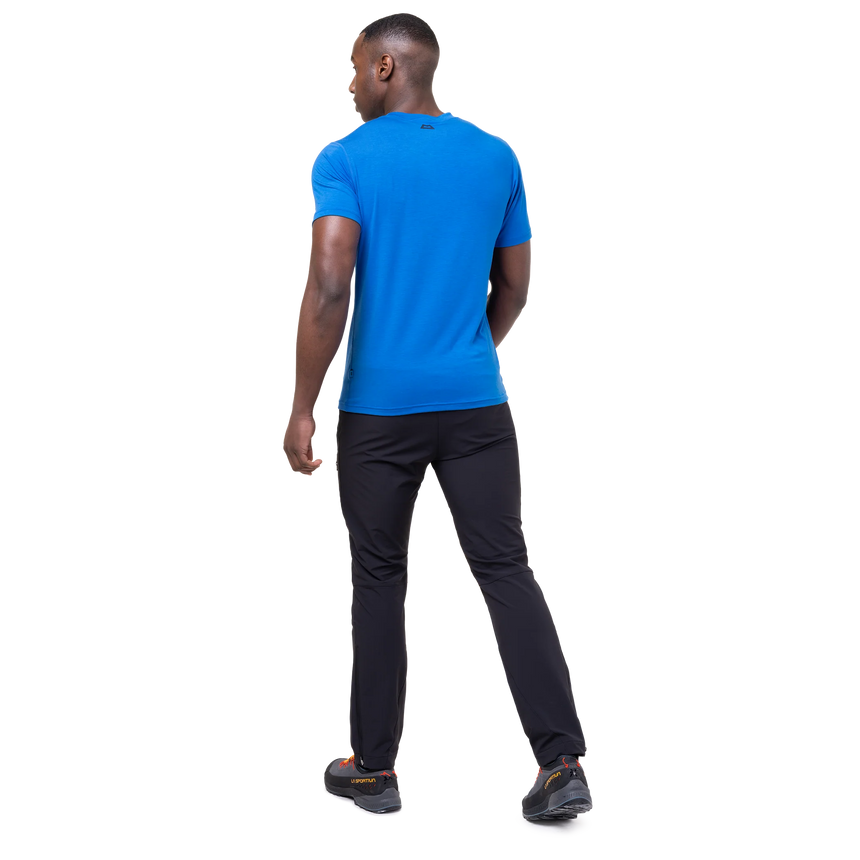 Mountain Equipment Groundup Men's Tee Outdoor Action Atlantic Blue- back Fit on Model
