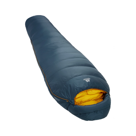 Mountain Equipment Helium 400 Sleeping Bag Outdoor Action Majolica Blue- Slanted Full Length