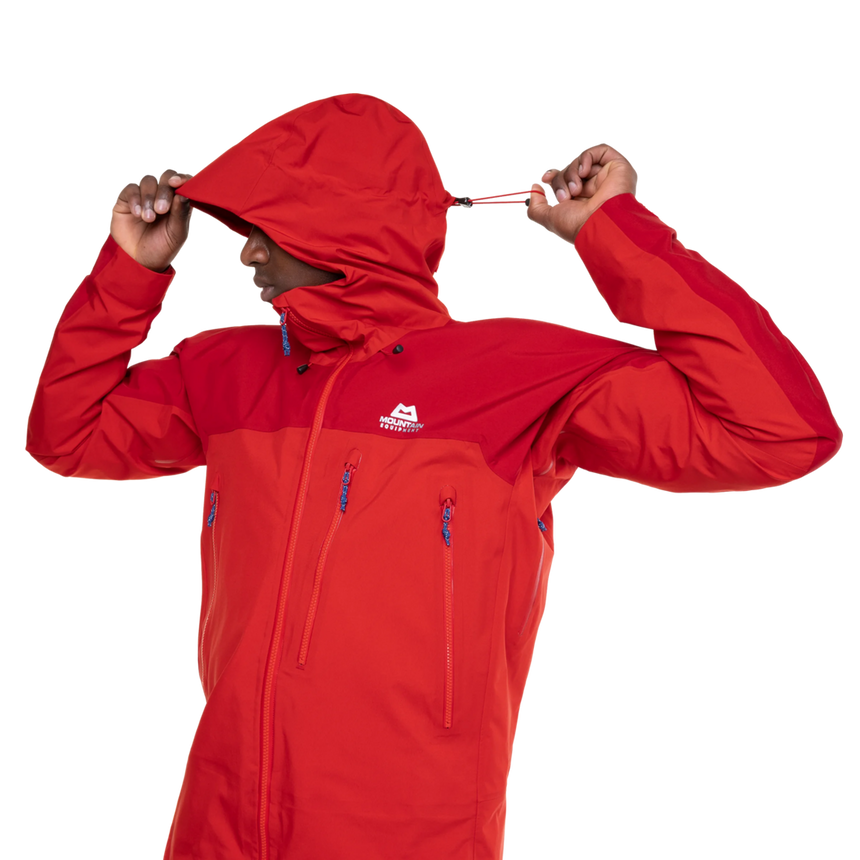 Mountain Equipment Lhotse Men's Jacket Outdoor Action  Chili/Crimson- Hood Adjuster Cord Channels