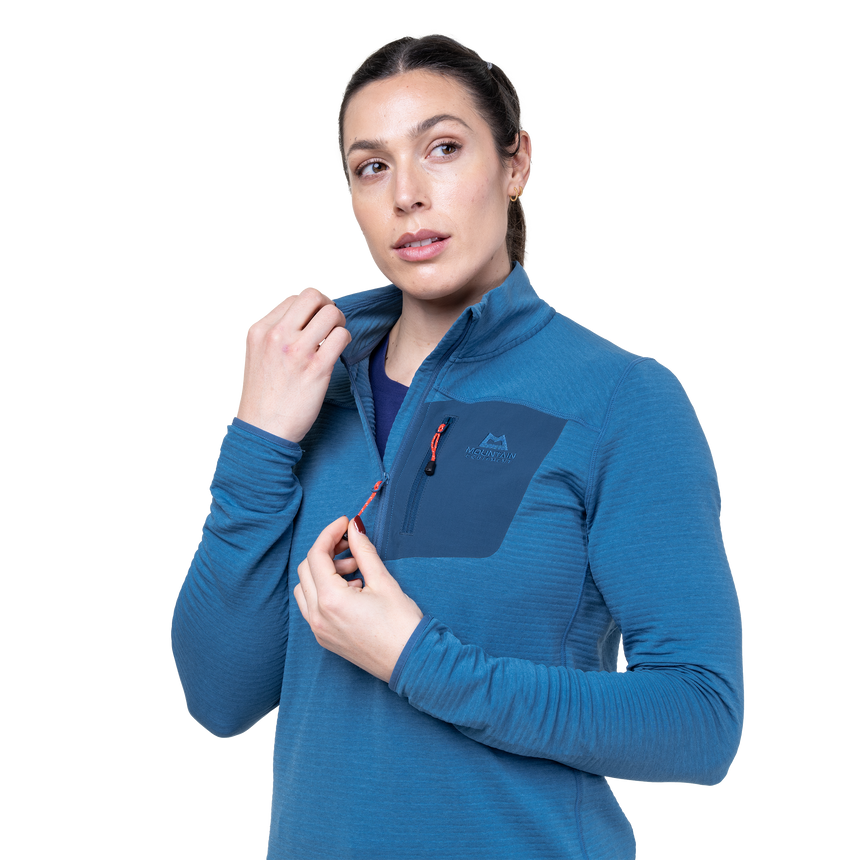 Mountain Equipment Lumiko Women's Zip T Outdoor Action Stellar/Majolica- Center Front Zip