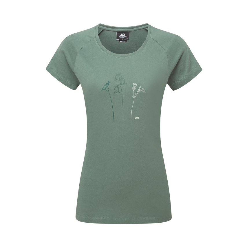 Mountain Equipment Mountain Flower Women's Tee Outdoor Action Sage- Front