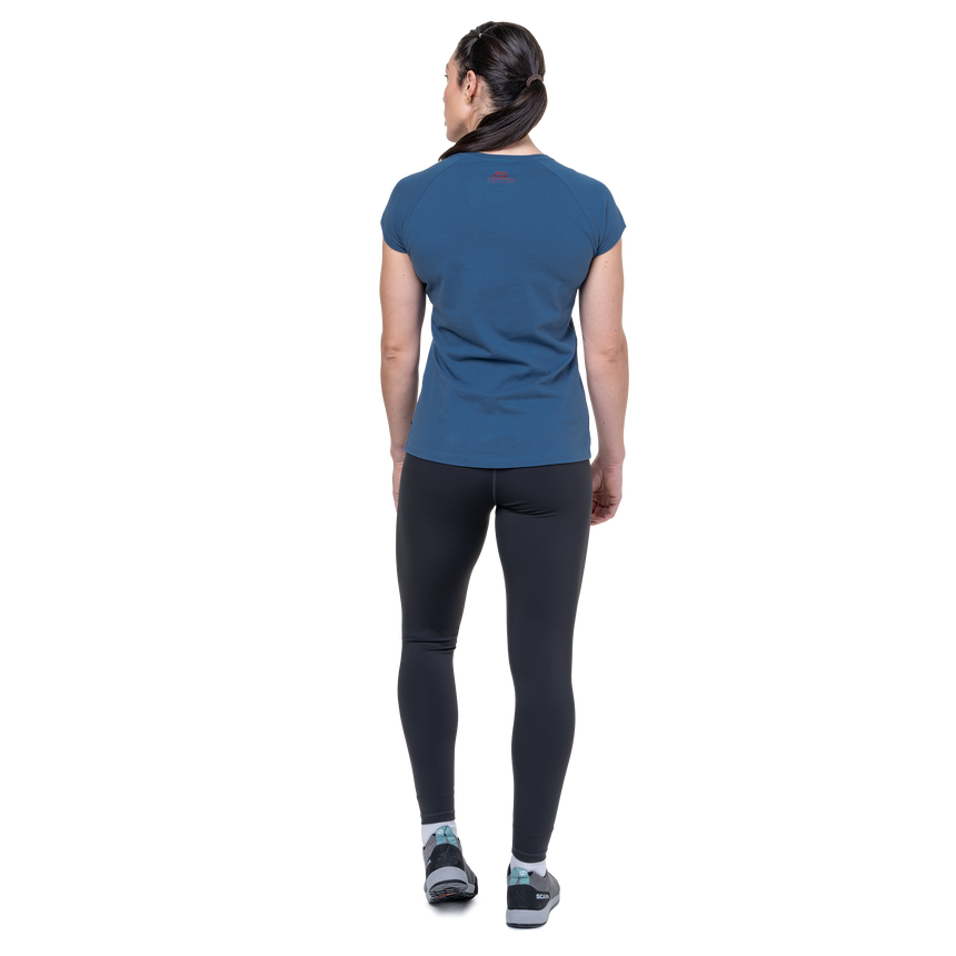 Mountain Equipment Mountain Flower Women's Tee Outdoor Action Stellar Blue- Back Fit on Model