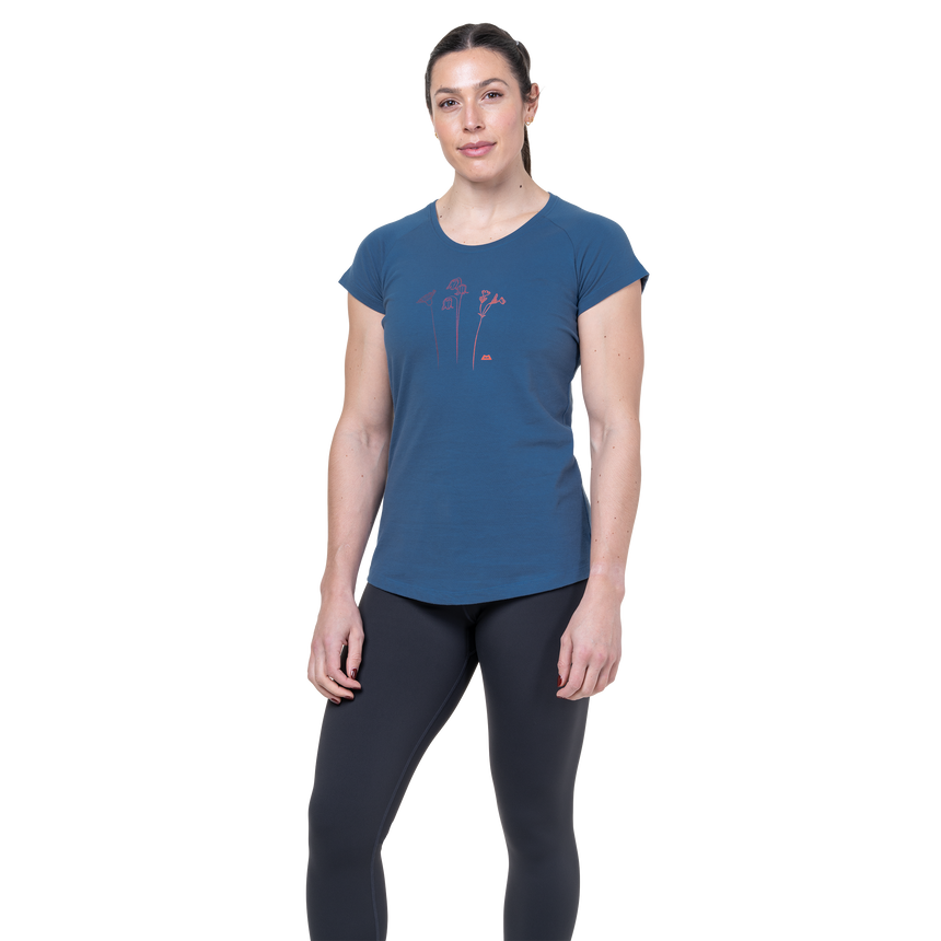 Mountain Equipment Mountain Flower Women's Tee Outdoor Action Stellar Blue- Front Fit