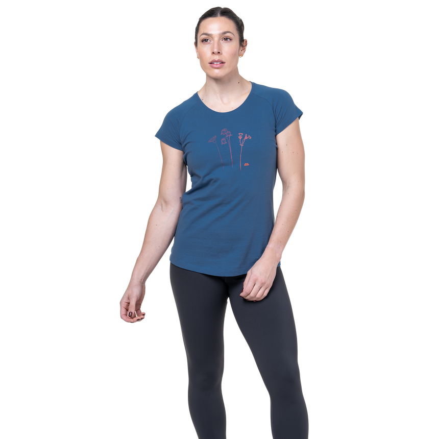 Mountain Equipment Mountain Flower Women's Tee Outdoor Action Stellar Blue- Graphic printed