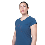 Mountain Equipment Mountain Flower Women's Tee Outdoor Action Stellar Blue- Scoop neckline 