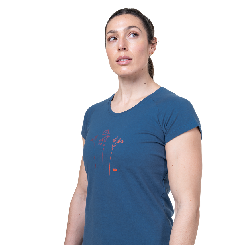 Mountain Equipment Mountain Flower Women's Tee Outdoor Action Stellar Blue- Scoop neckline 