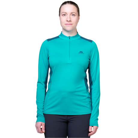 Mountain Equipment Nava LS Women's Zip T Outdoor Action Topaz/Majolica - Front Fit on Model