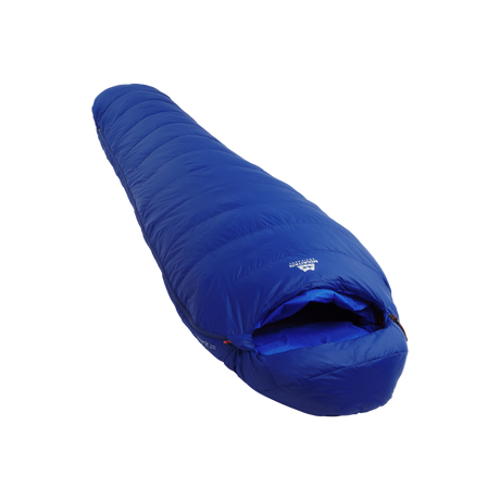 Mountain Equipment Olympus 300 Sleeping Bag Outdoor Action Admiral Blue- slanted full length