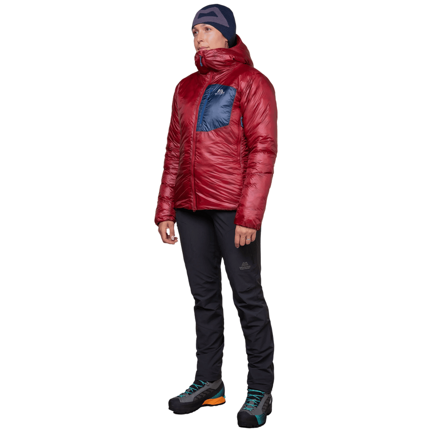 Mountain Equipment Oreus Hooded Women's Jacket Outdoor Action Merlot/Admiral Blue- Side View