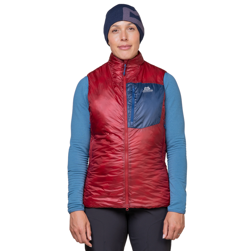 Mountain Equipment Oreus Women's Vest Outdoor Action Merlot/Admiral Blue - Front Fit on Model