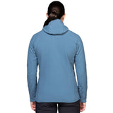 Mountain Equipment Shroud Hooded Women's Jacket Outdoor Action Stellar Blue- back fit on model
