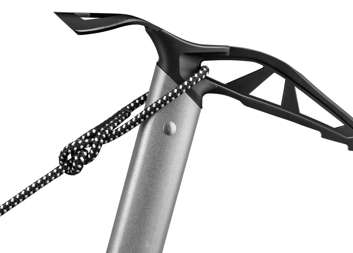 Petzl Glacier Linkin Ice Axe Gray - Close up of LINKIN Leash Attached to Steel Spike