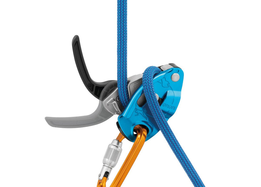Petzl Grigri® Belay Device Blue - Open with Rope Attachment & Carabiner