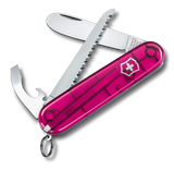 Pink Swiss Army knife with multiple tools on a white background