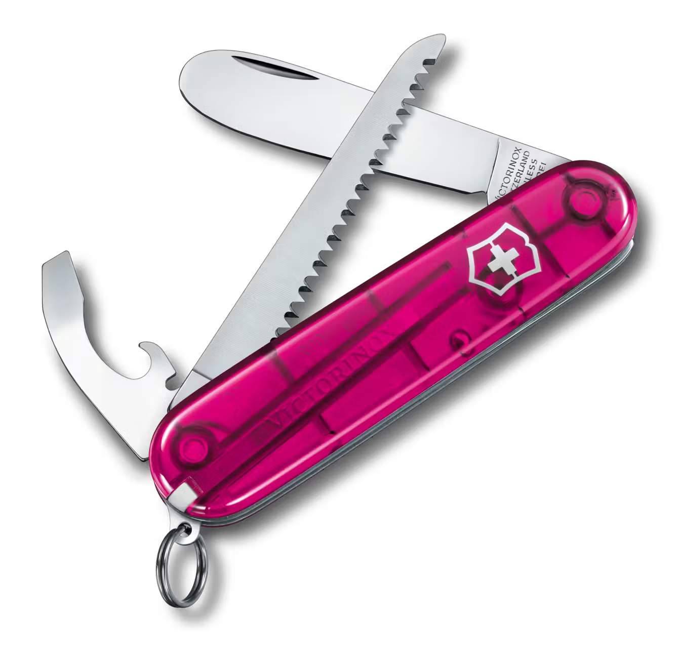 Pink Swiss Army knife with multiple tools on a white background