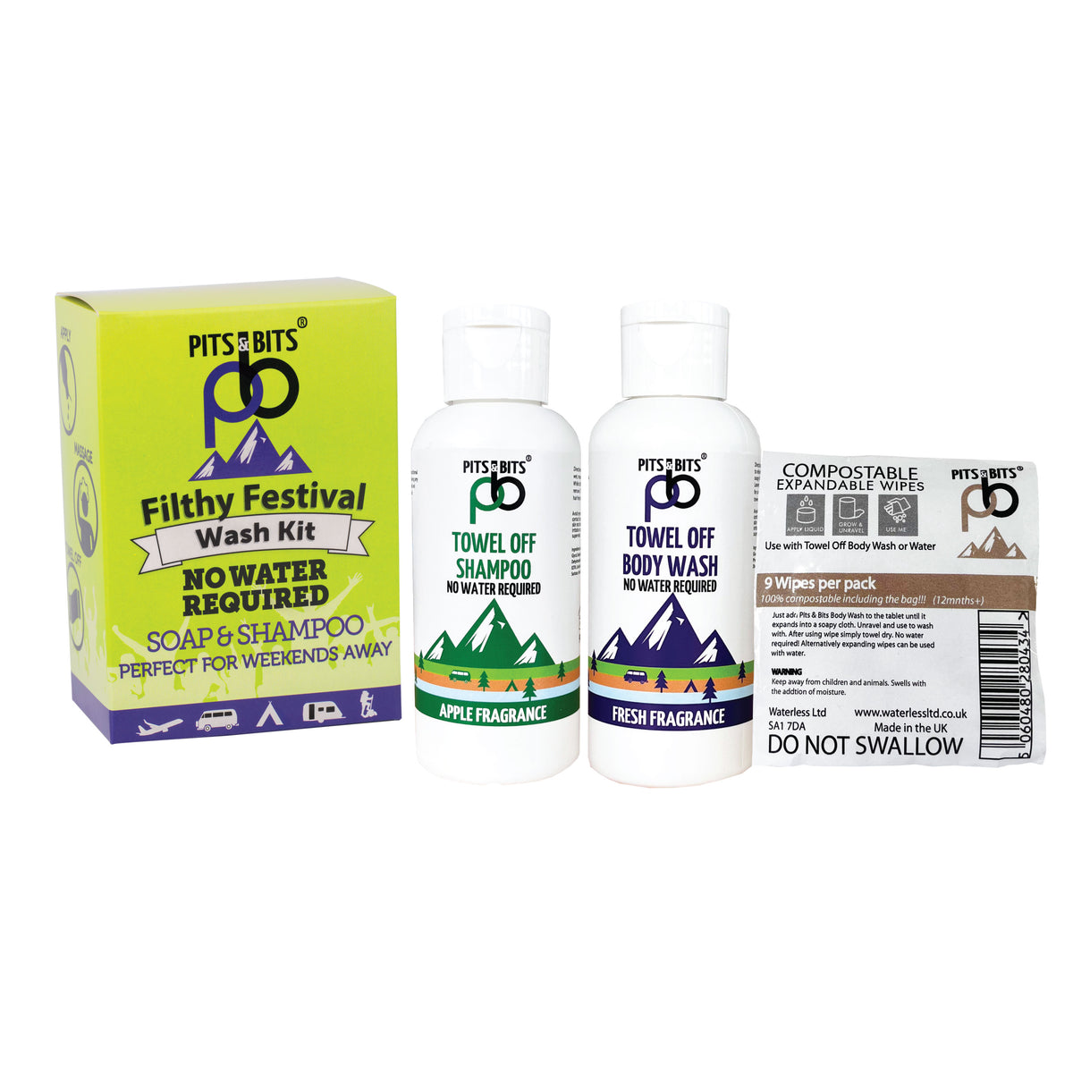 Pits & Bits Filthy Festival Wash Kit with soap, shampoo, body wash, and wipes 