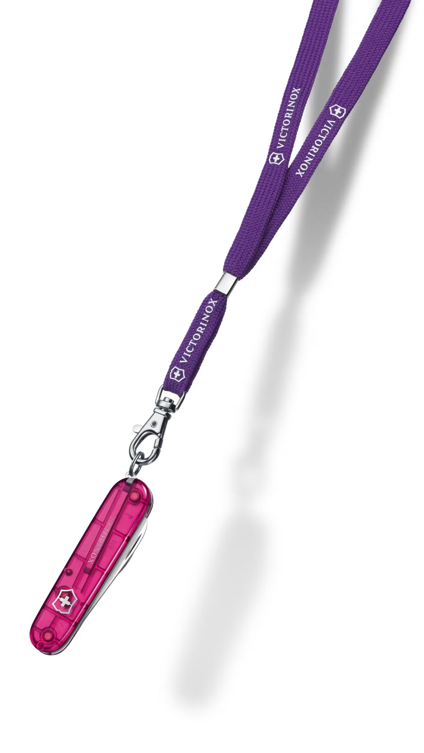 Purple lanyard with a pink swiss army knife on a white background