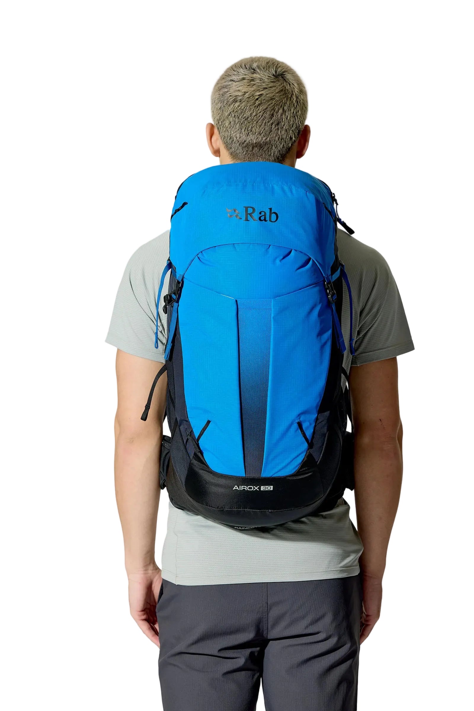 Rab Airox 30 Day Pack in Maya Blue/Black - Back View On Model 3