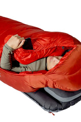 Rab Alpine Down Sleeping Bag (0°C/32F) in Dark Horizon/Tuscan Red - worn, face out