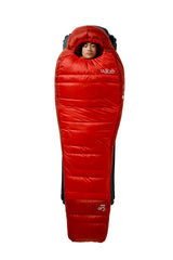 Rab Alpine Down Sleeping Bag (-12°C/10F) in Dark Horizon/Tuscan Red - worn
