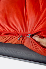 Rab Alpine Down Sleeping Bag (-12°C/10F) in Dark Horizon/Tuscan Red - worn, feet detail