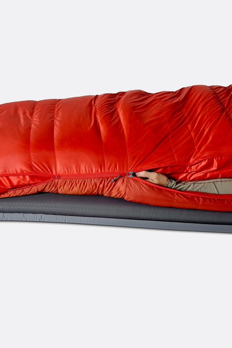 Rab Alpine Down Sleeping Bag (-12°C/10F) in Dark Horizon/Tuscan Red - worn