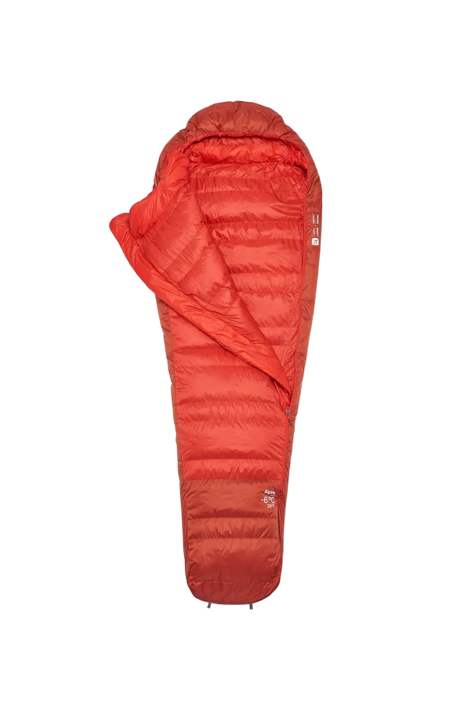 Rab Alpine Down Sleeping Bag (-6°C/21F) in Dark Horizon/Tuscan Red - unzipped, open