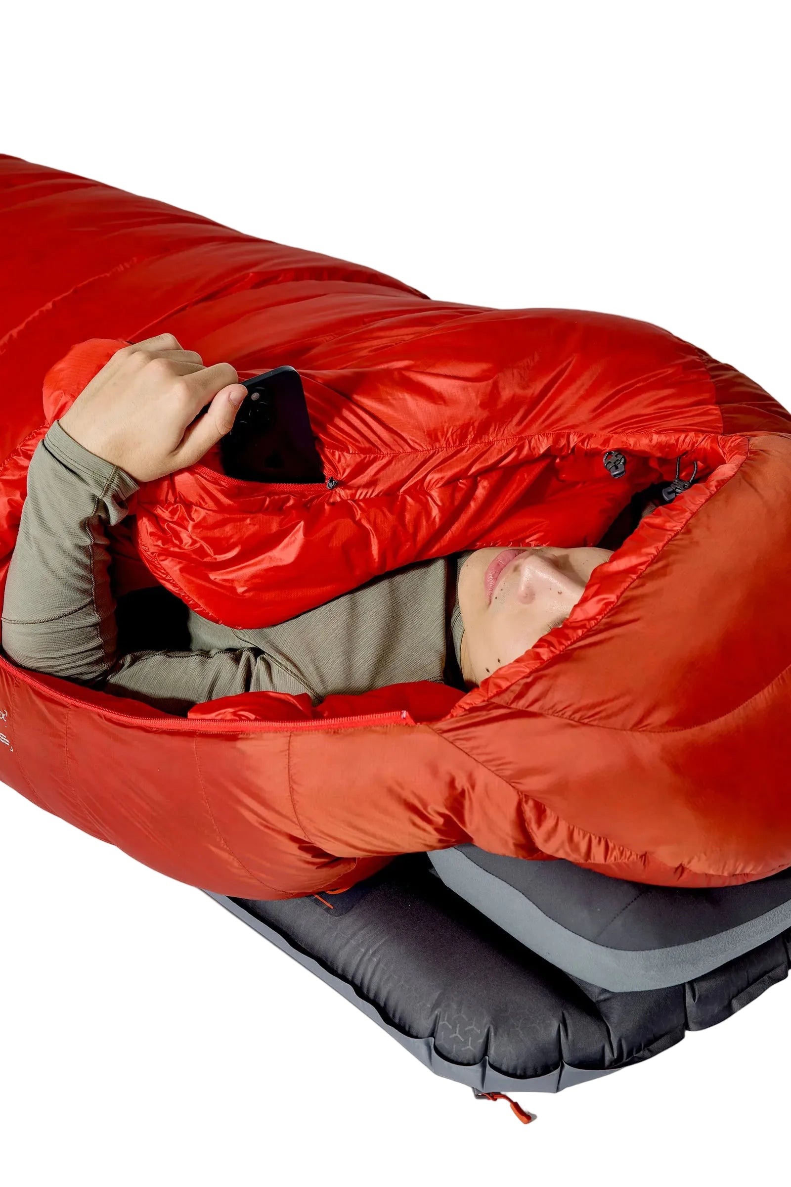 Rab Alpine Down Sleeping Bag (-6°C/21F) in Dark Horizon/Tuscan Red - worn, face out