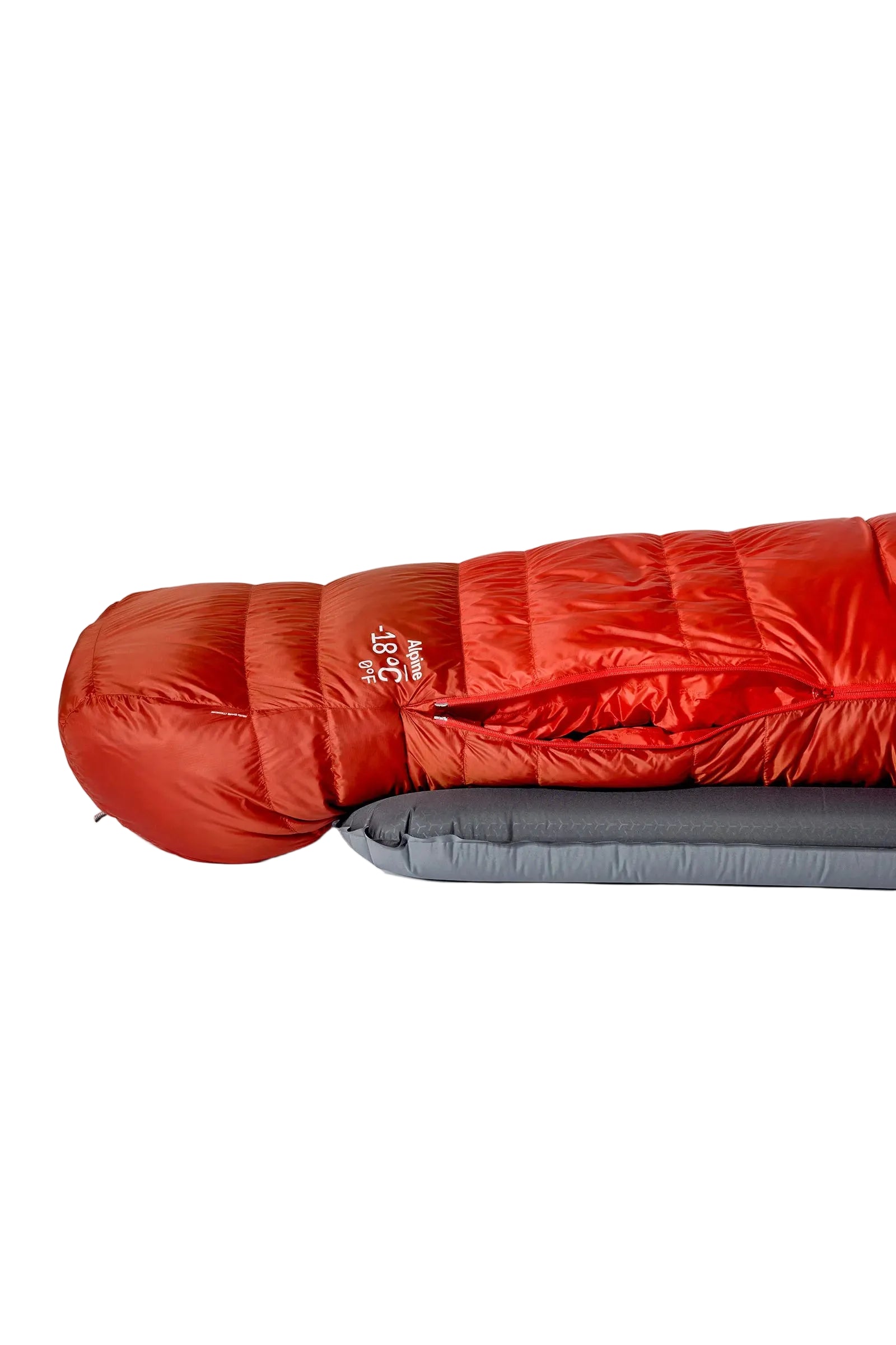 Rab Alpine Down Sleeping Bag (-6°C/21F) in Dark Horizon/Tuscan Red - worn, footbox close-up
