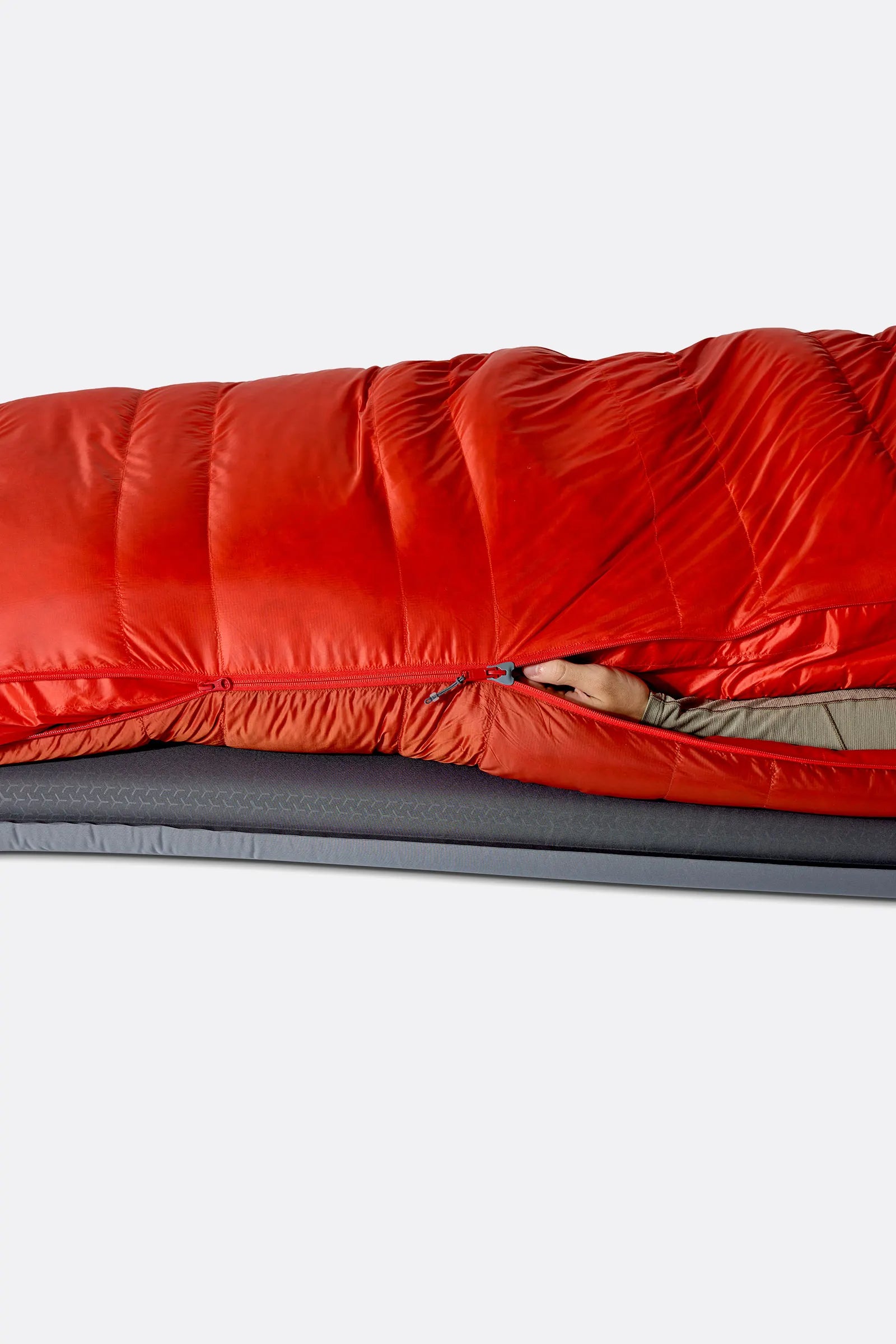 Rab Alpine Down Sleeping Bag (-6°C/21F) in Dark Horizon/Tuscan Red - worn