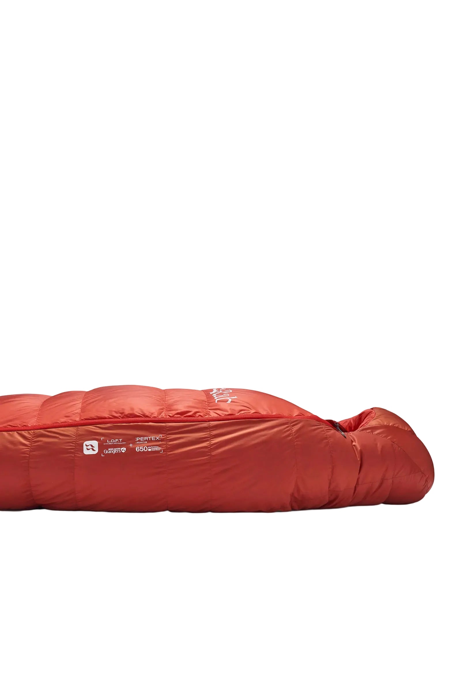 Rab Alpine Down Sleeping Bag (-18°C/0F) in Dark Horizon/Tuscan Red - Flat Lay, Foot End