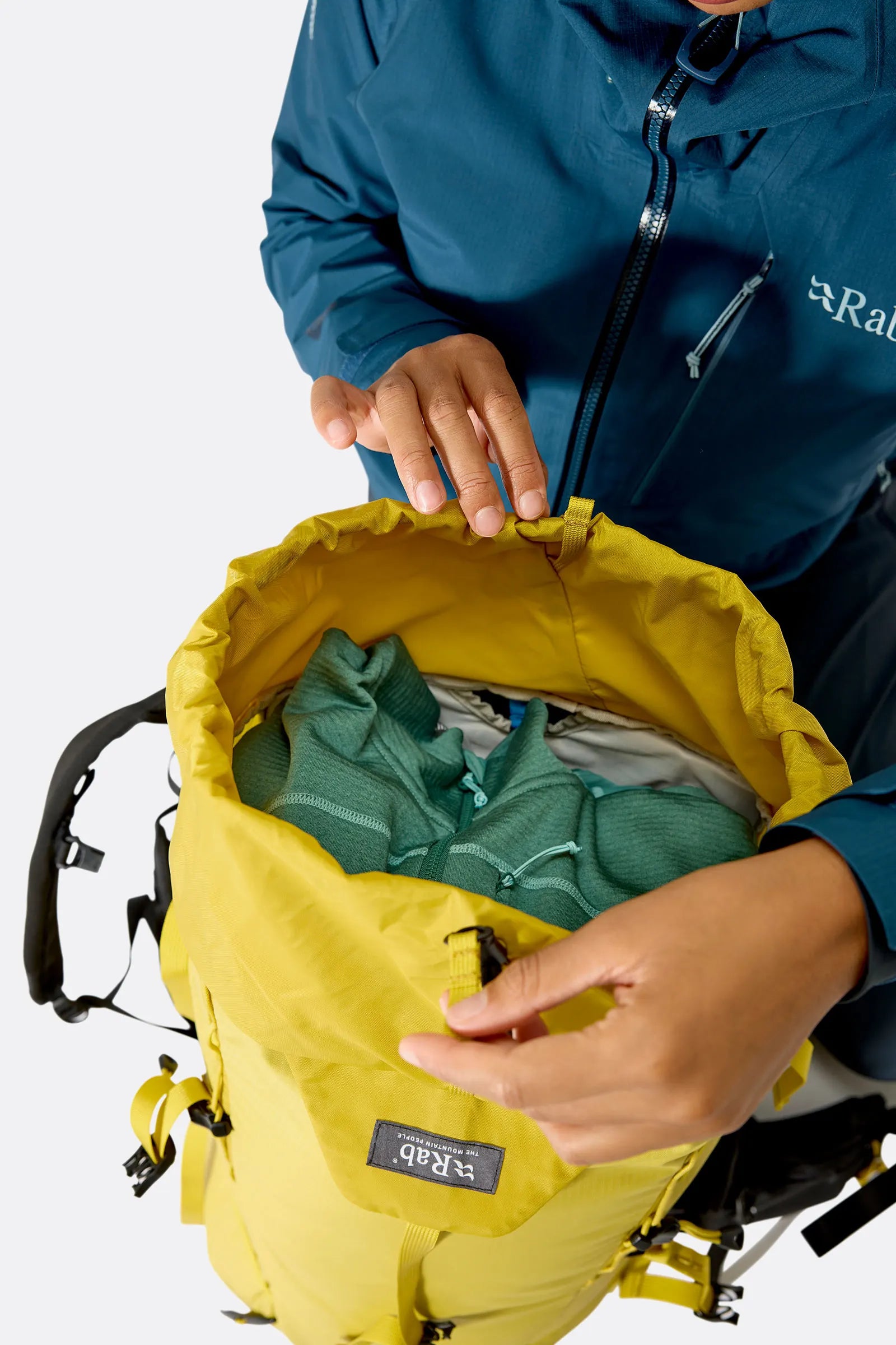 Rab Ascendor 35L Mountain Pack in Dark Pollen - Detachable Lid Open